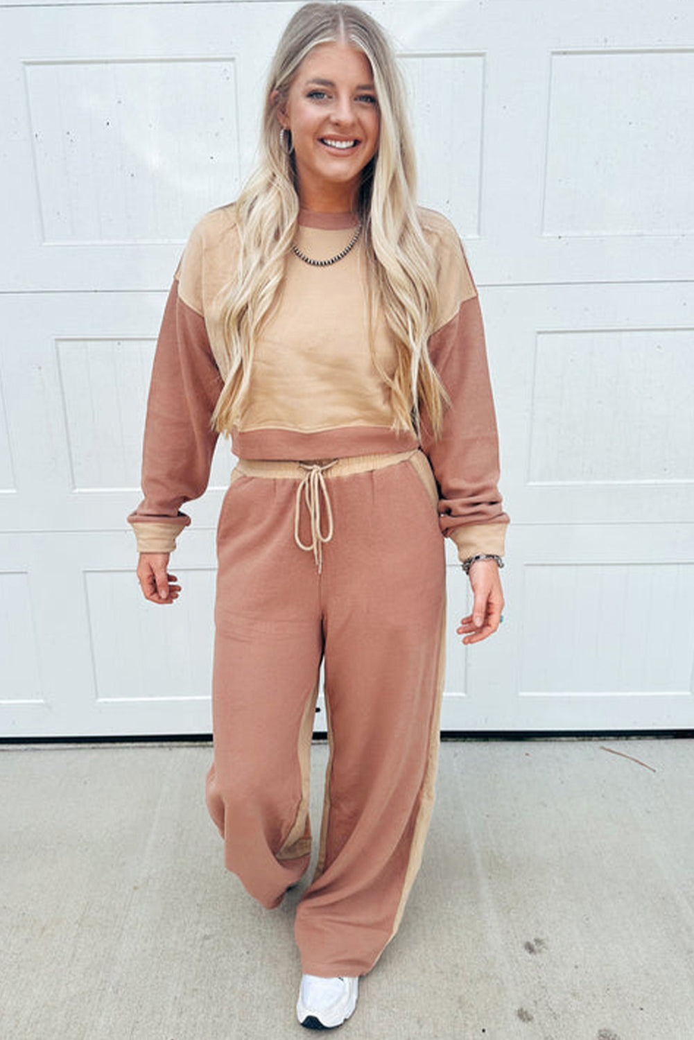 Premium Khaki Color Block Long Sleeve Crop Top Drawstring Pants Set
