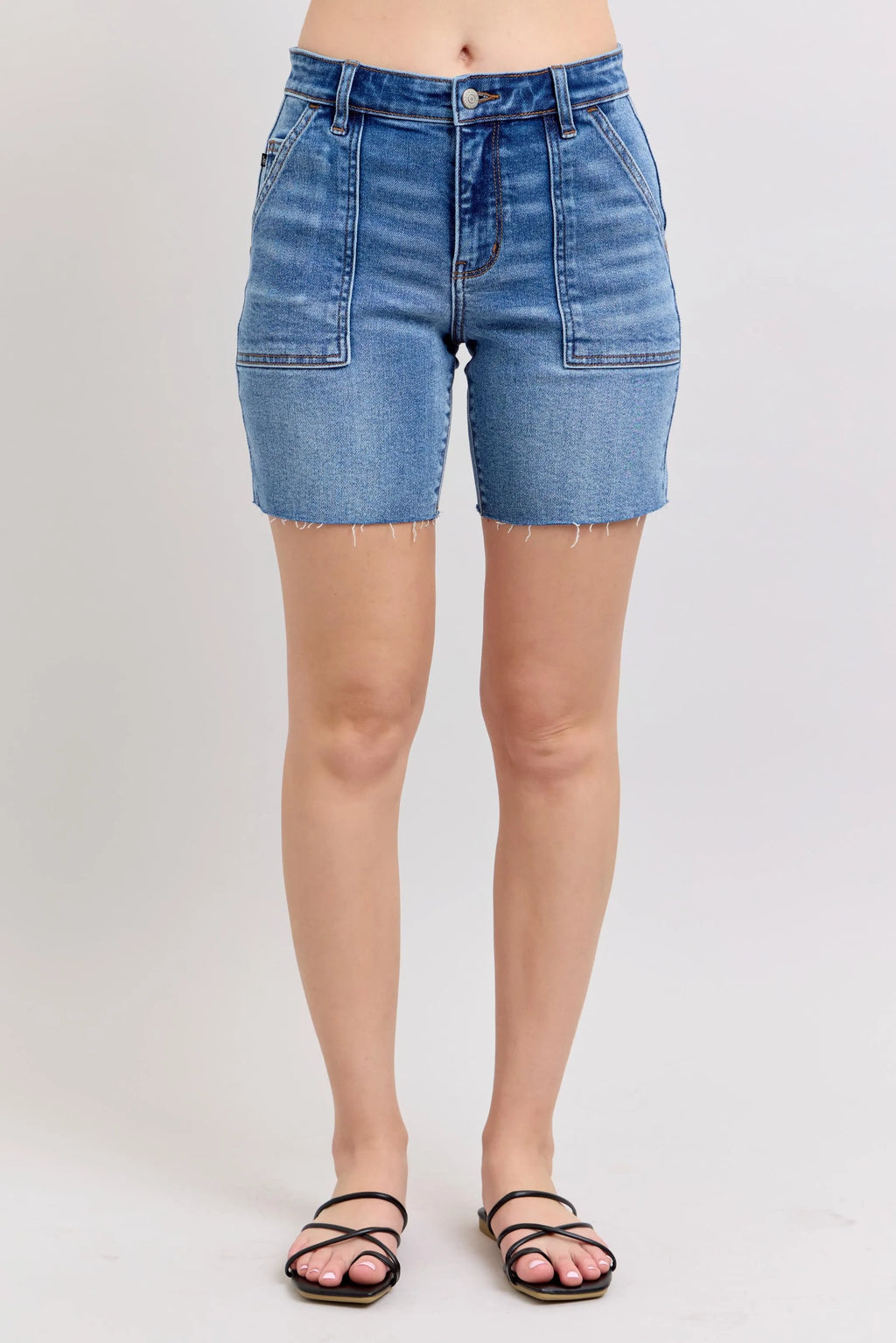 Judy Blue Mid Rise Bermuda Denim Shorts With Back Pockets