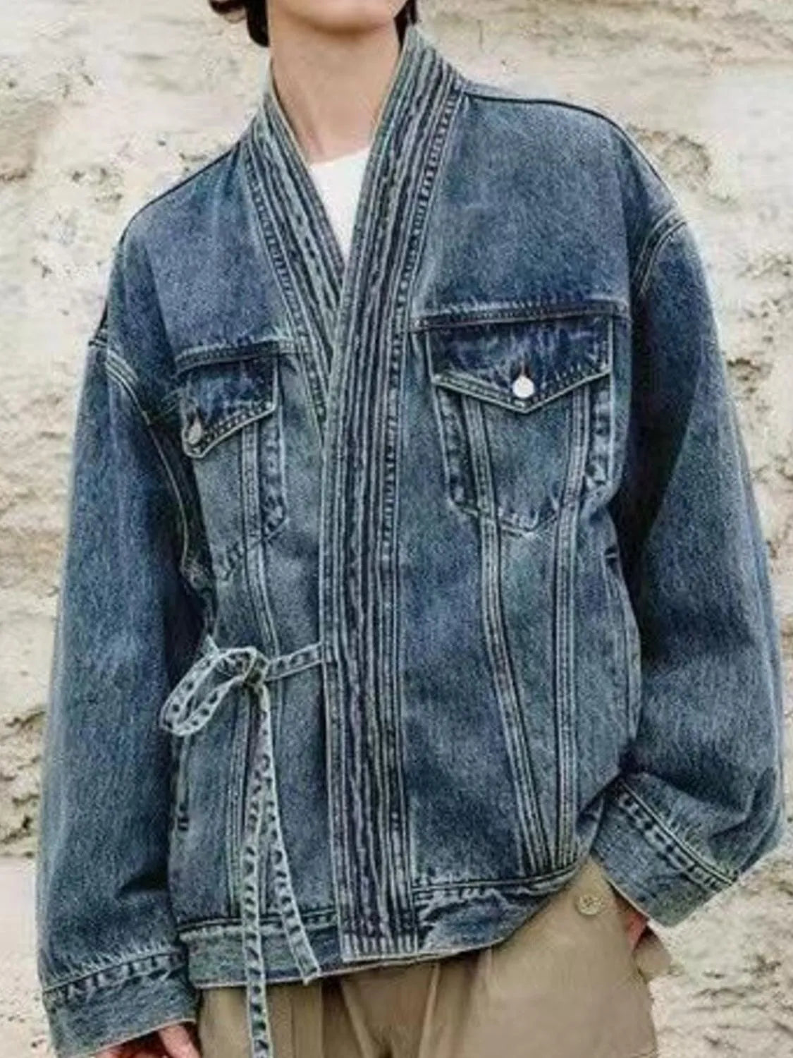 Men's Plus Size Washed Tied Long Sleeve Denim Jacket