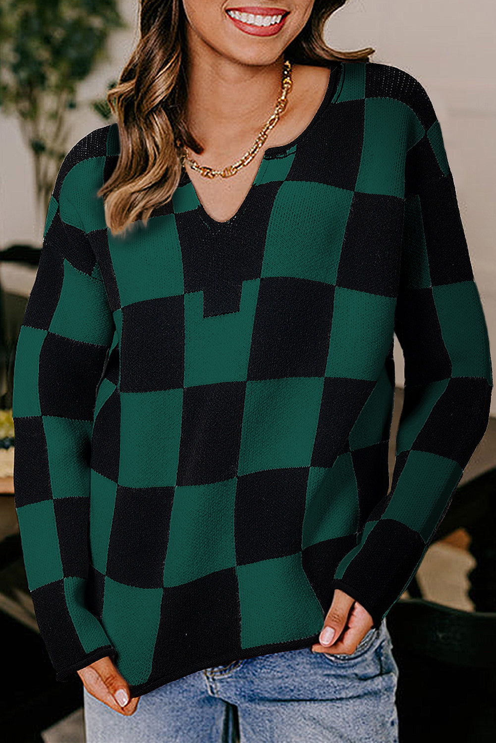 Premium Green Checked Notched Neckline Drop Shoulder Knit Sweater
