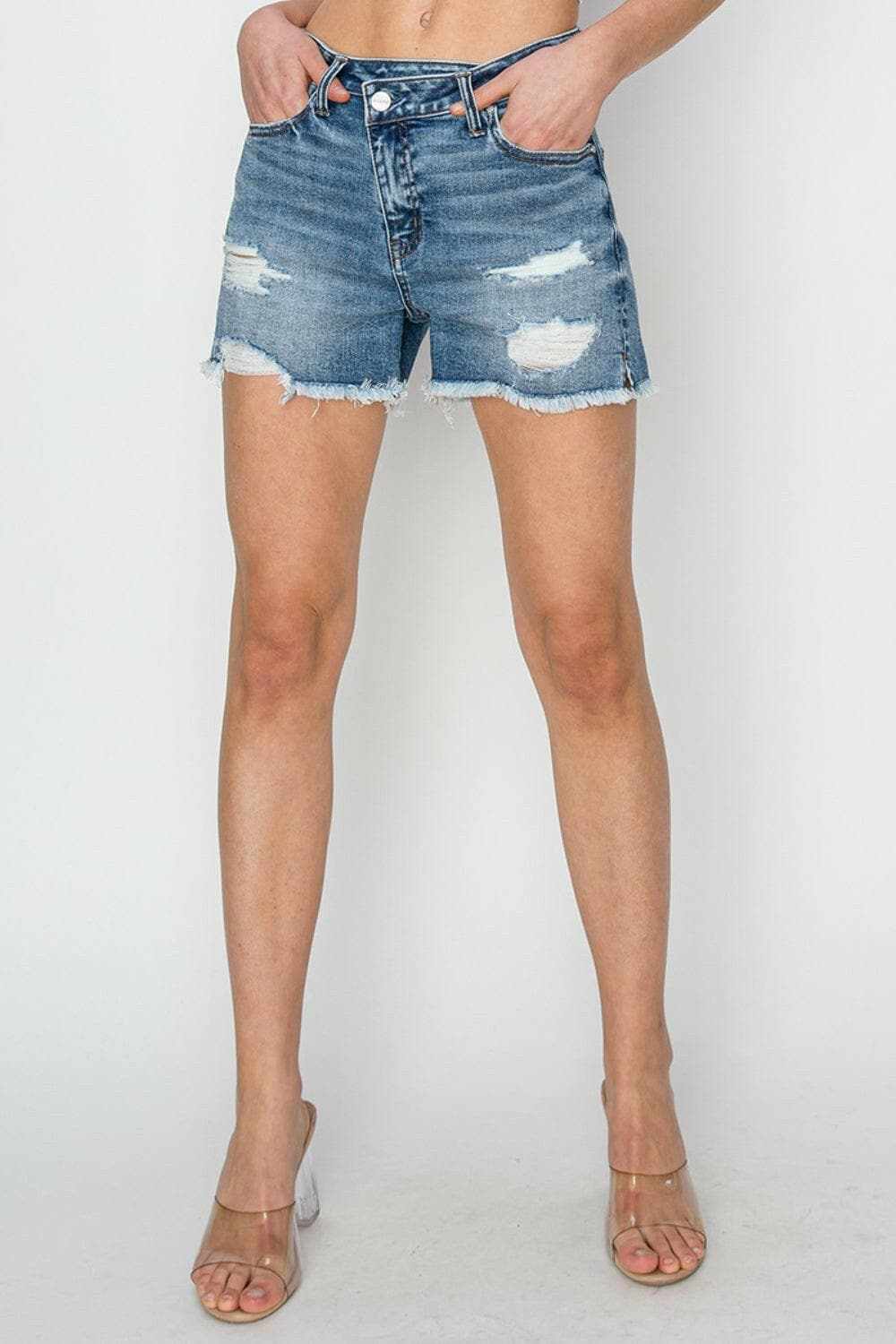 Premium Risen frayed denim shorts, stepped waist