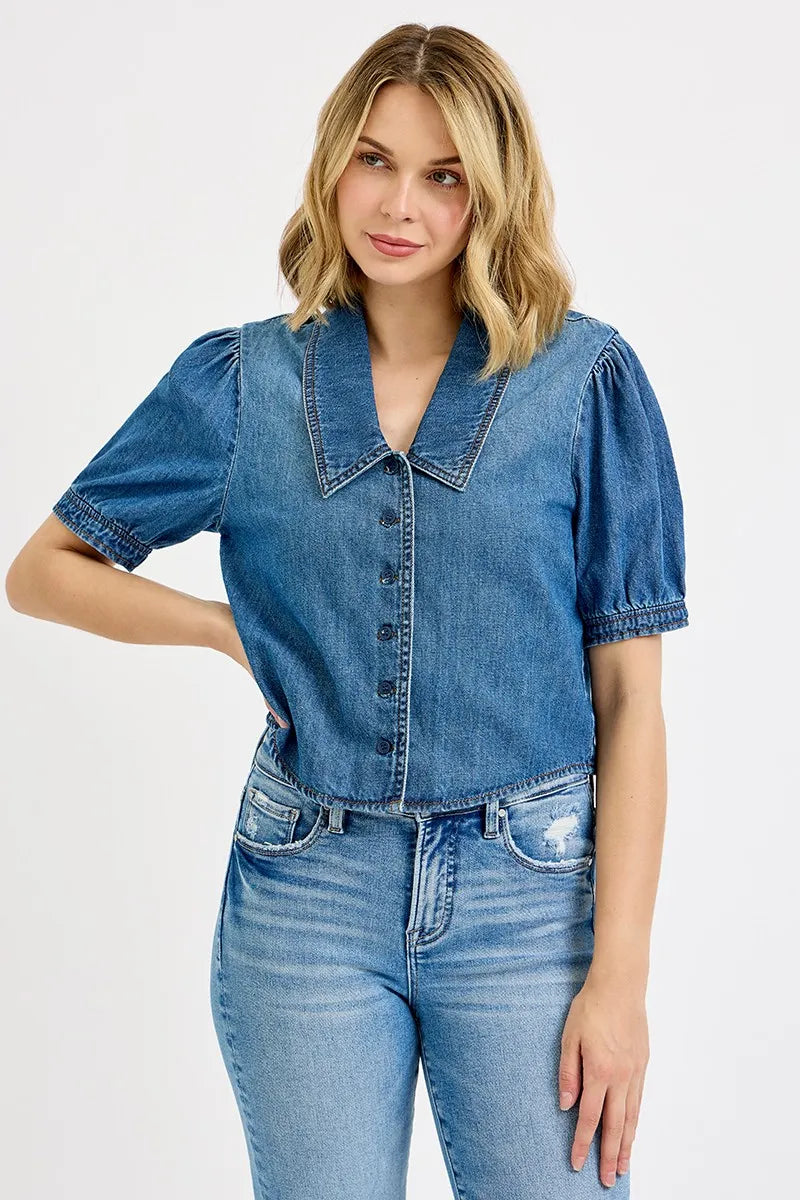 Risen Button Down Puff Sleeve Crop Denim Shirt For Women