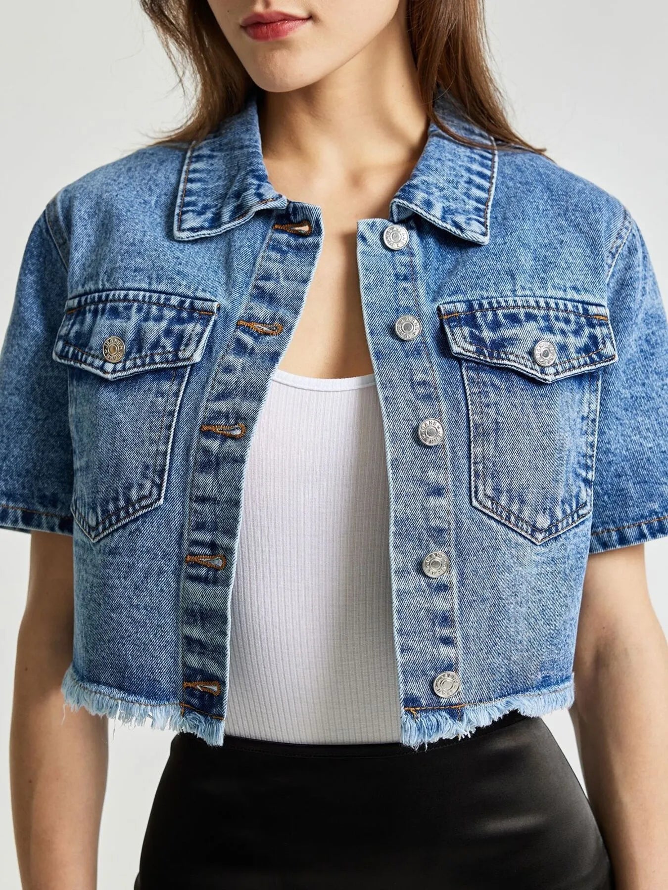Cropped Short Sleeve Denim Jacket with Frayed Hem