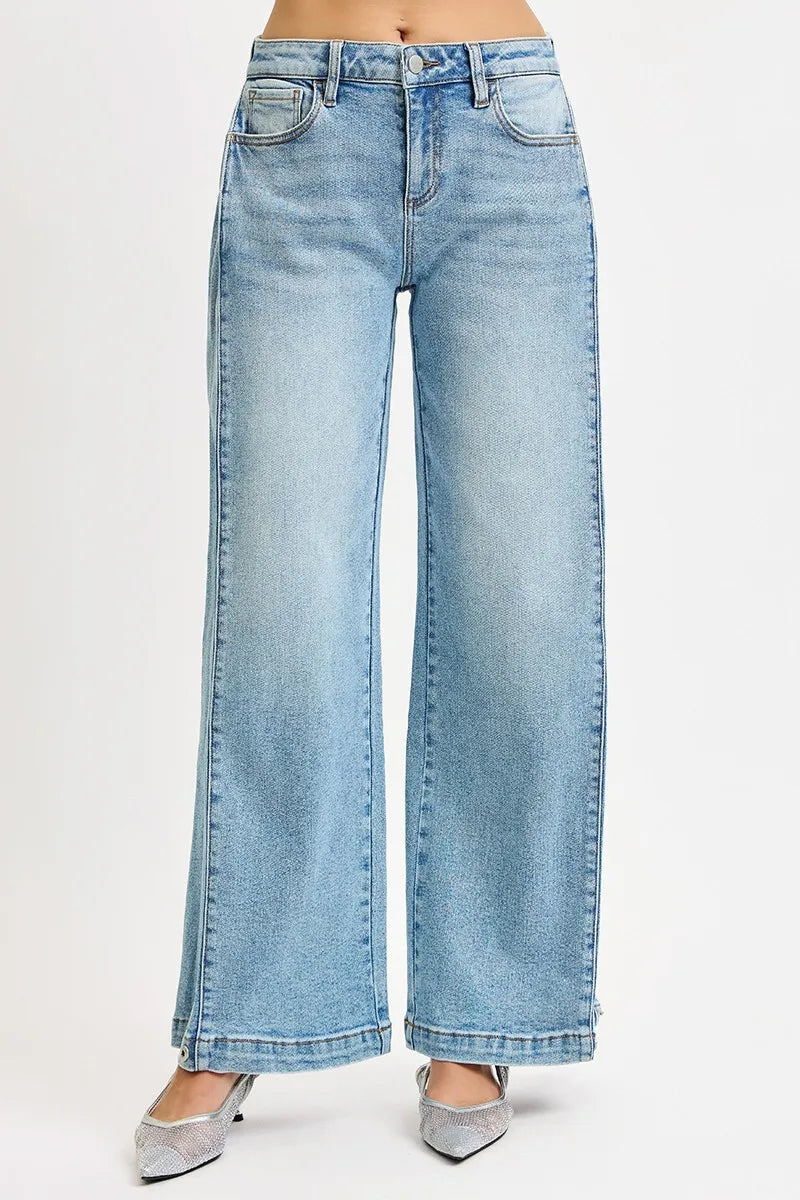 Risen Mid Rise Wide Barrel Transferable Leg Snap Jeans