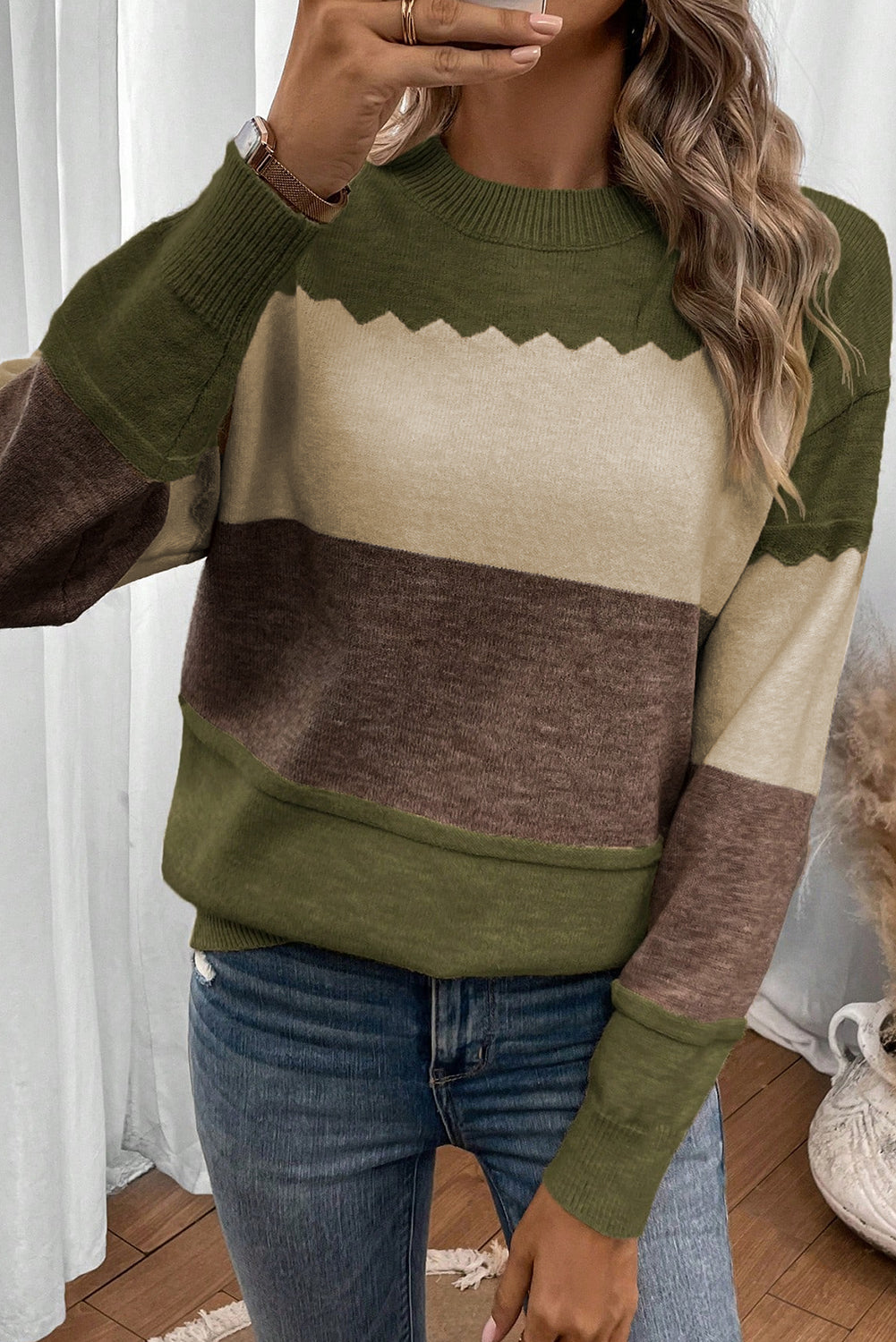Brown Colorblock Crew Neck Drop Shoulder Knit Sweater
