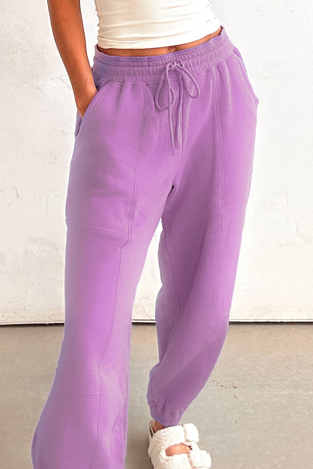 Lilac Drawstring Waist Patchwork Solid Color Jogger Pants