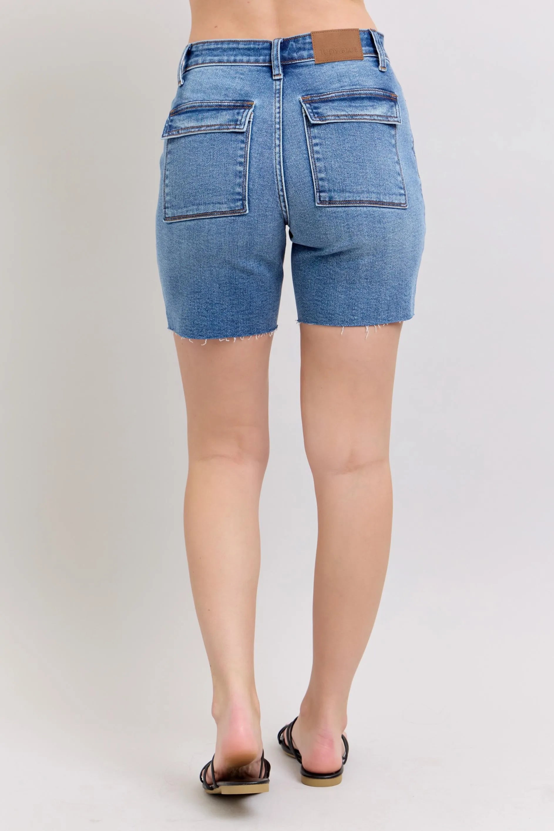 Judy Blue Mid Rise Bermuda Denim Shorts With Back Pockets