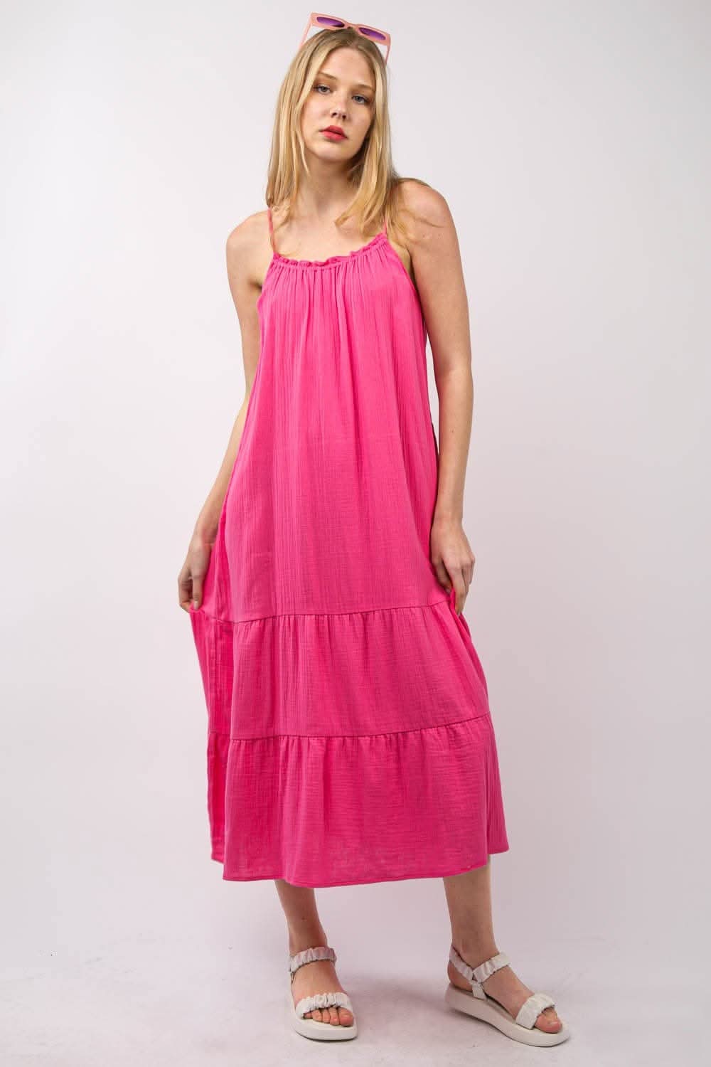 Very J Ruffled A-Line Midi Cami Dress for Summer Elegance