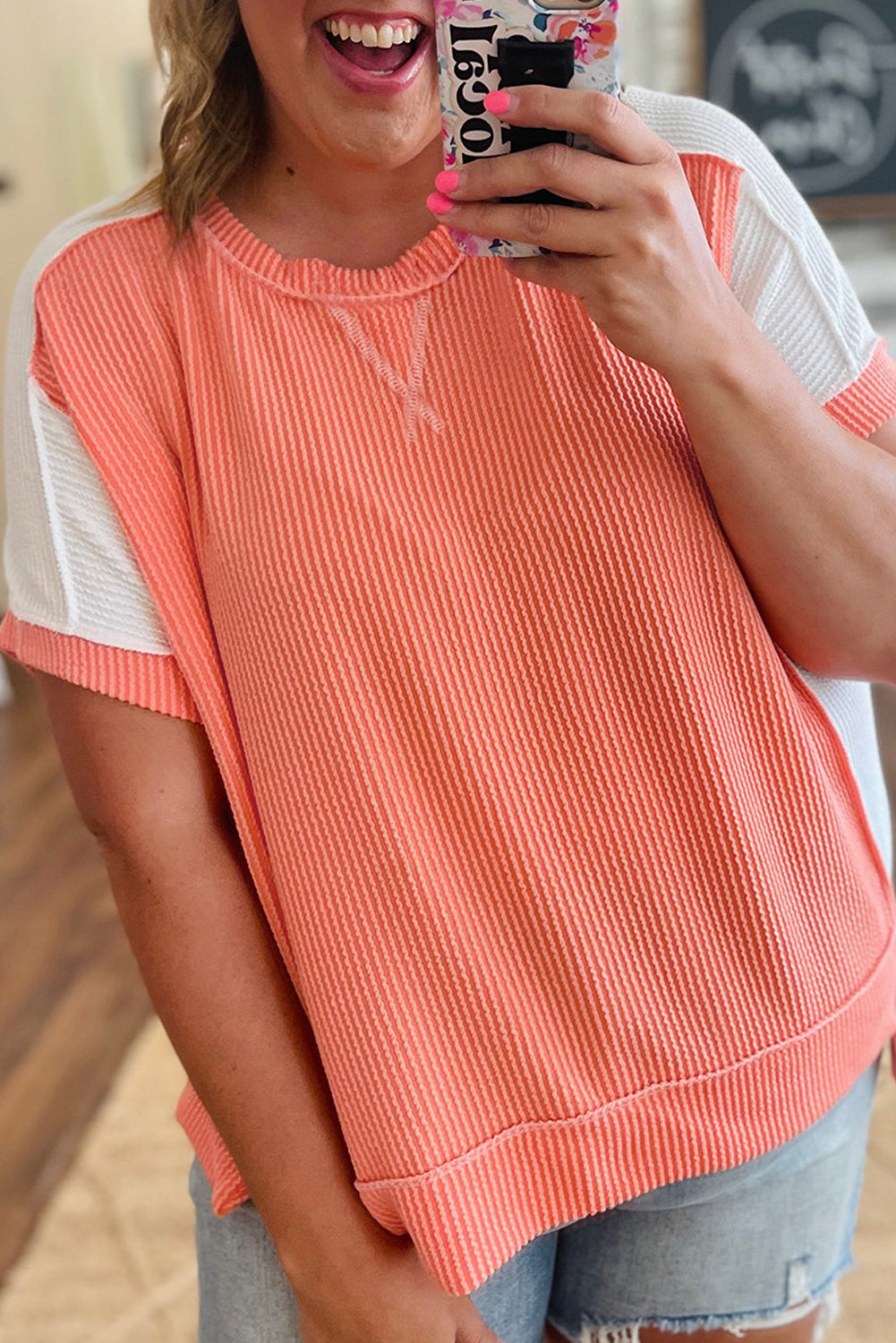 Carrot Twist Colorblock Hi Low Plus Size Short Sleeve Top