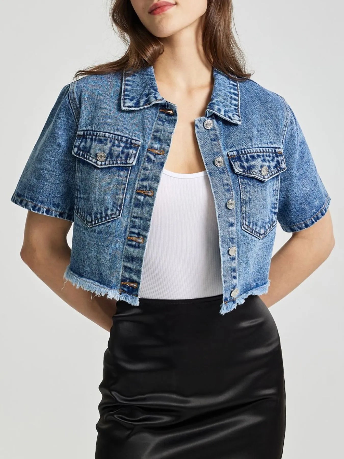 Cropped Short Sleeve Denim Jacket with Frayed Hem