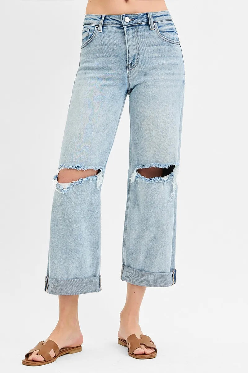 Risen Plus Size Boyfriend Jeans With Cuffed Hem Wide Leg