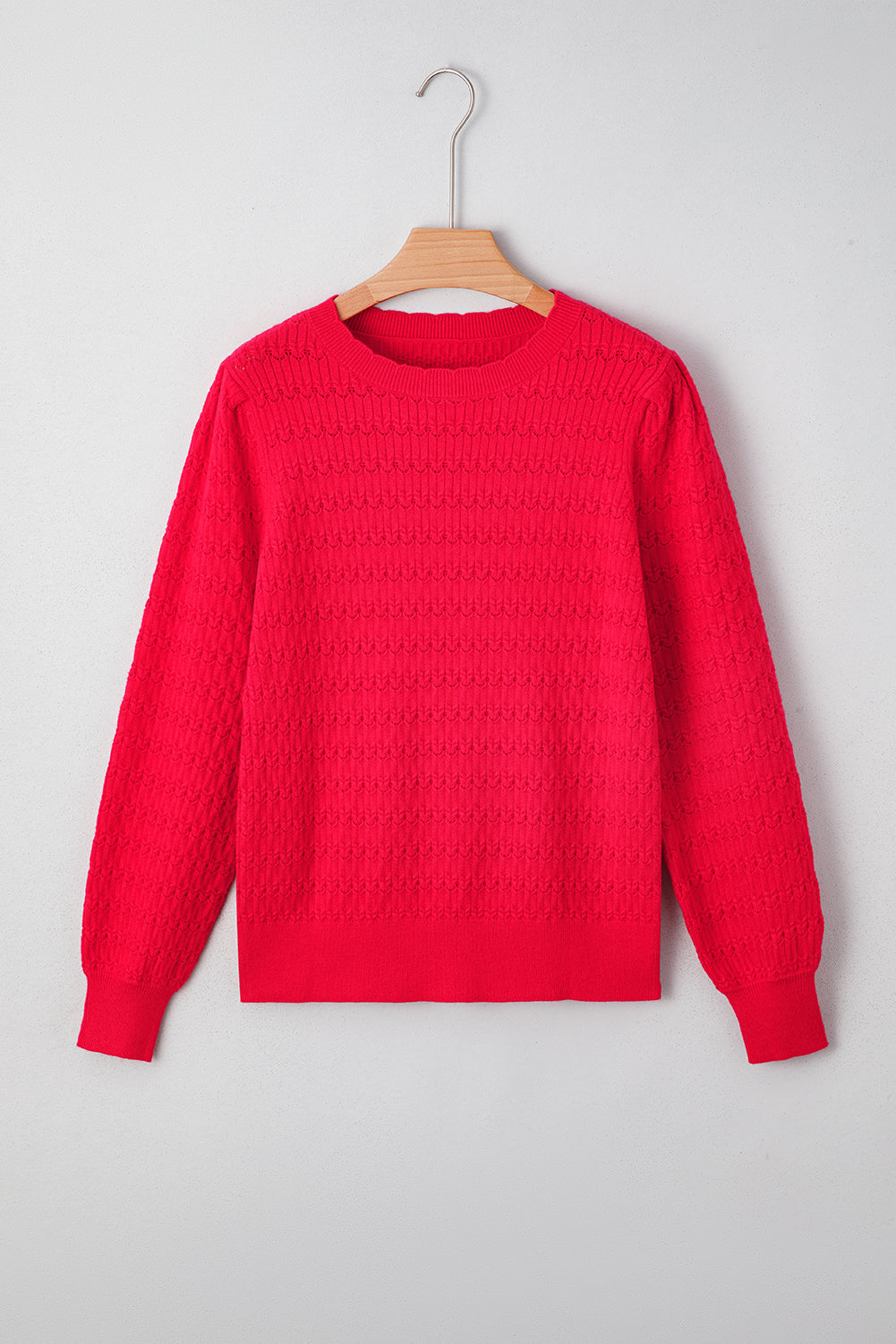 Fiery Red Trendy Print Knit Ribbed Cuffs Crew Neck Sweater