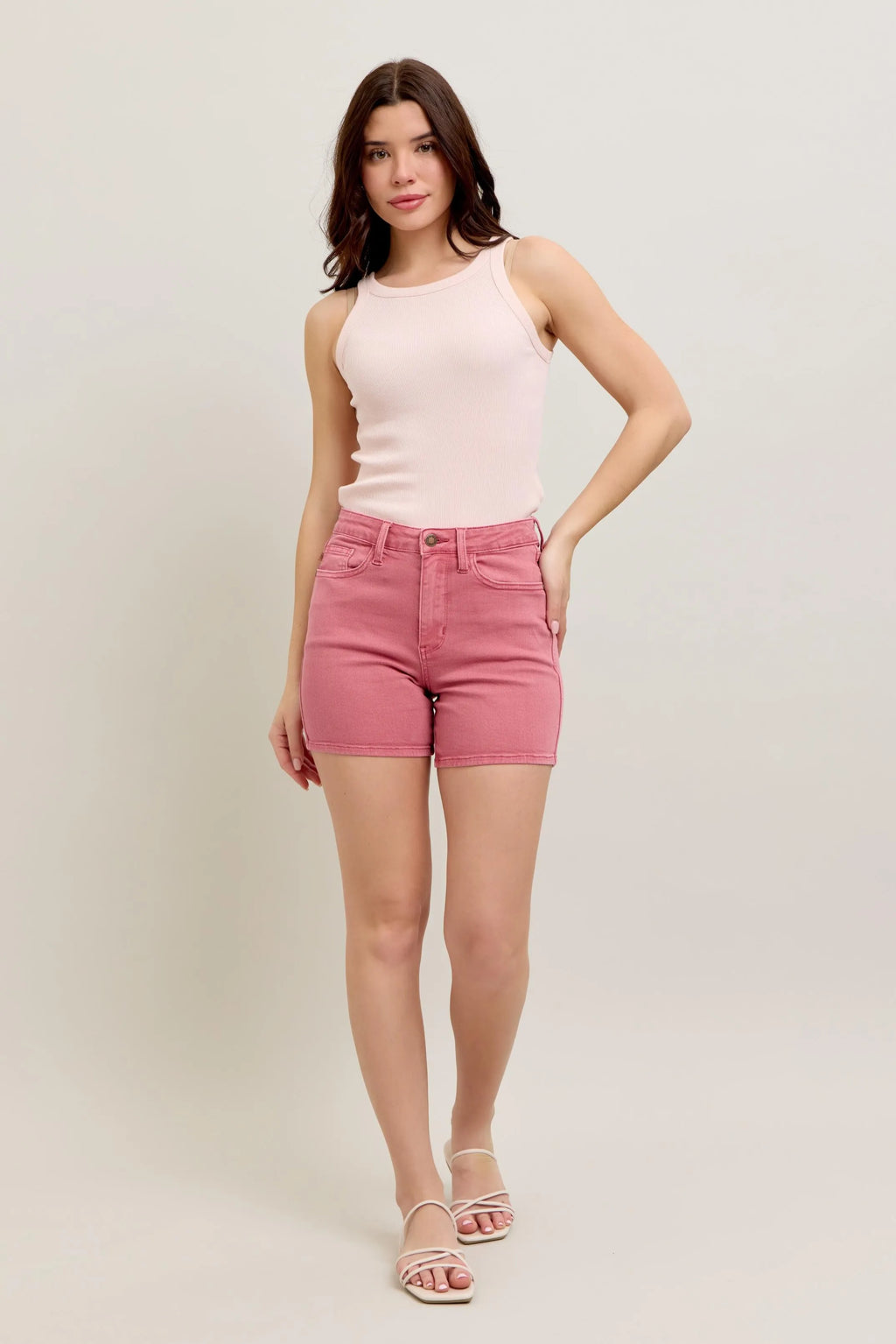Judy Blue Pink Back Pocket Embroidered Shorts High Rise