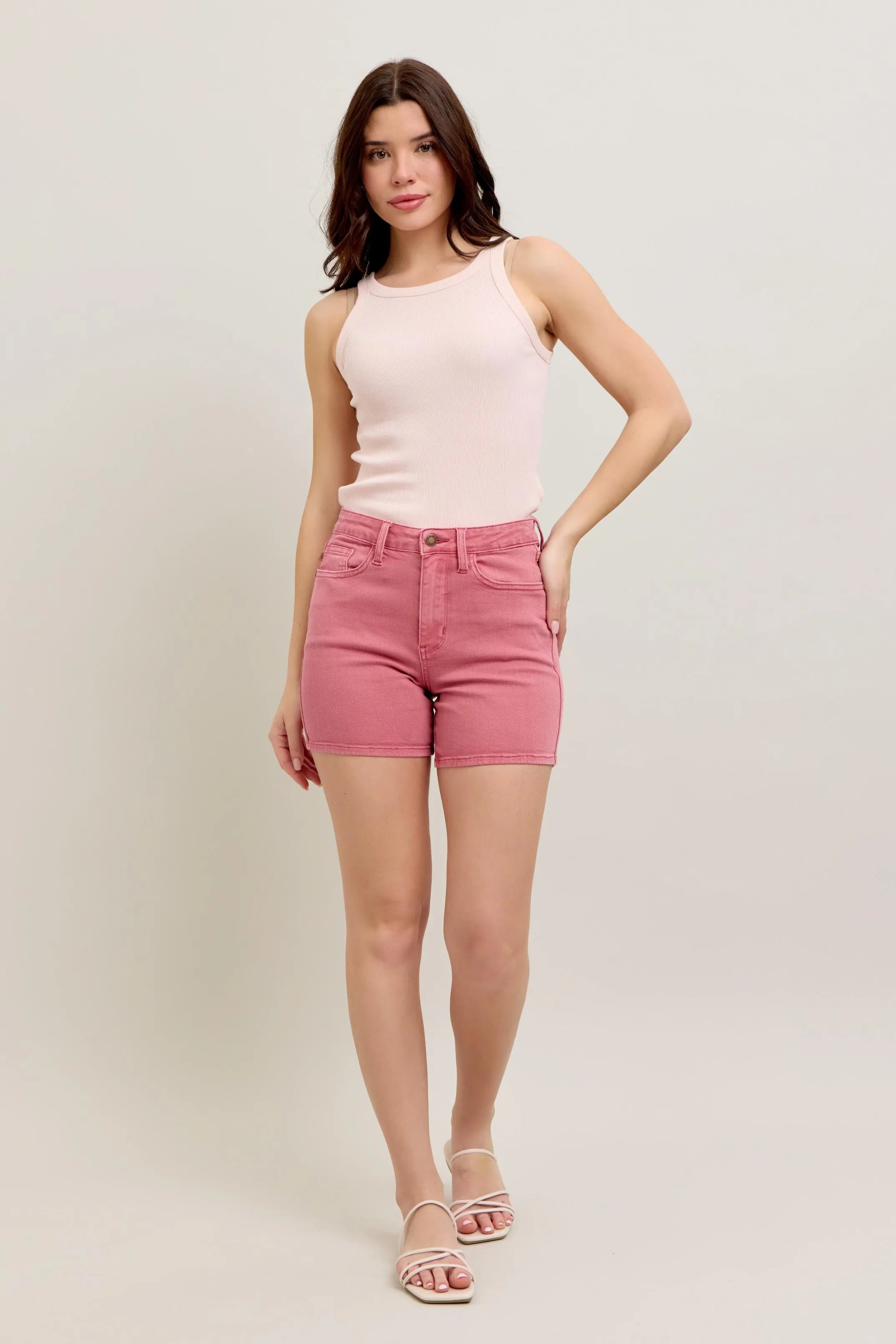 Judy Blue Pink Back Pocket Embroidered Shorts High Rise