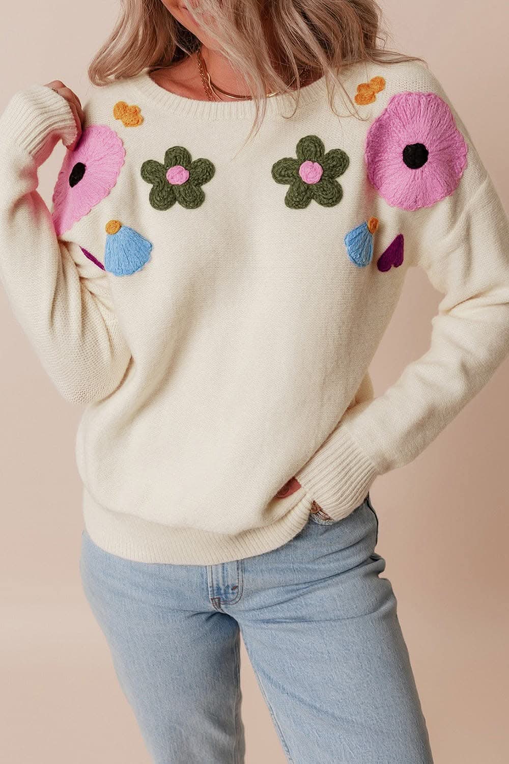 Chic floral crochet sweater