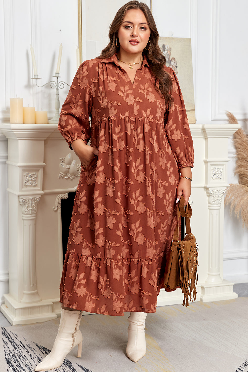 Premium Cinnamon Plus Size Textured 3D Flower Dress Ruffle Hem Long