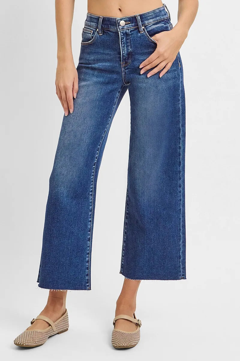 RISEN Raw Hem Wide Leg Cropped Jeans