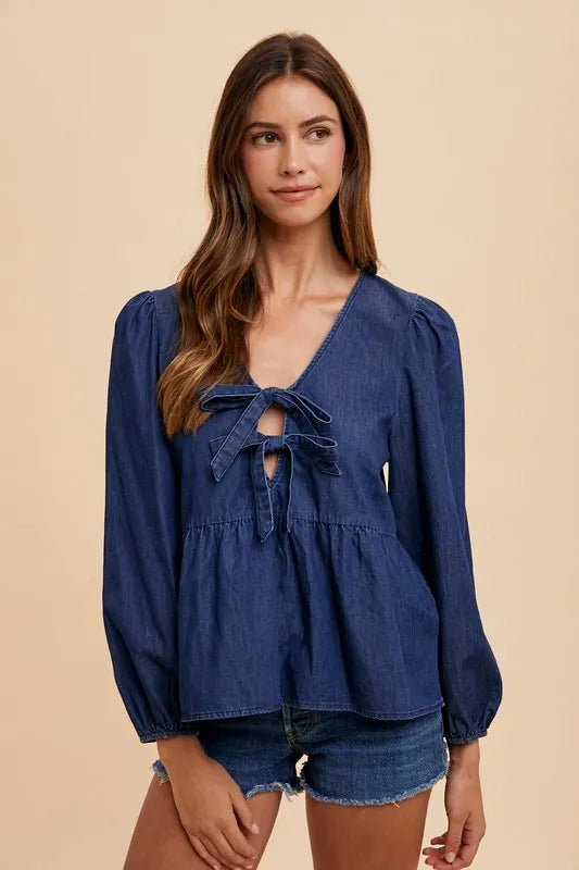 Trendsi Annie Wear Navy Blue Denim Peplum Top Small