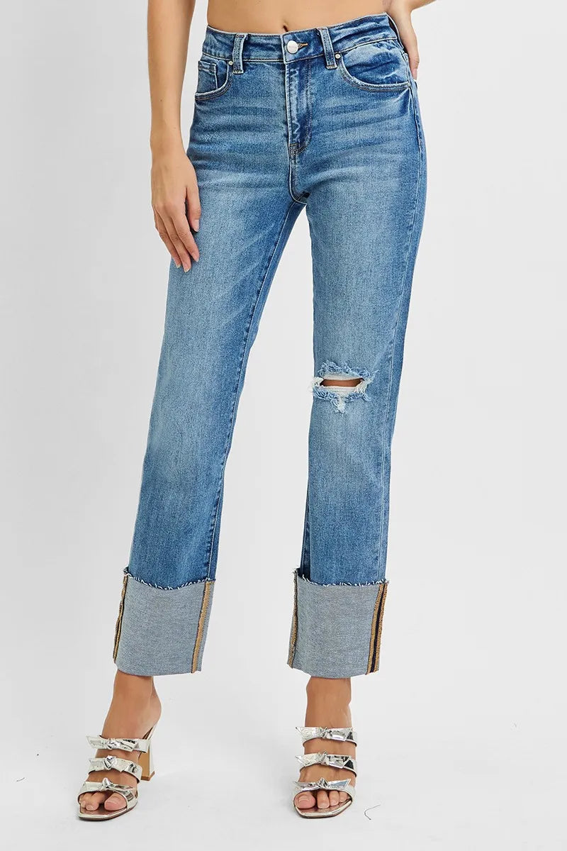 Risen High Rise Ankle Straight Wide Cuffed Jeans Plus Size