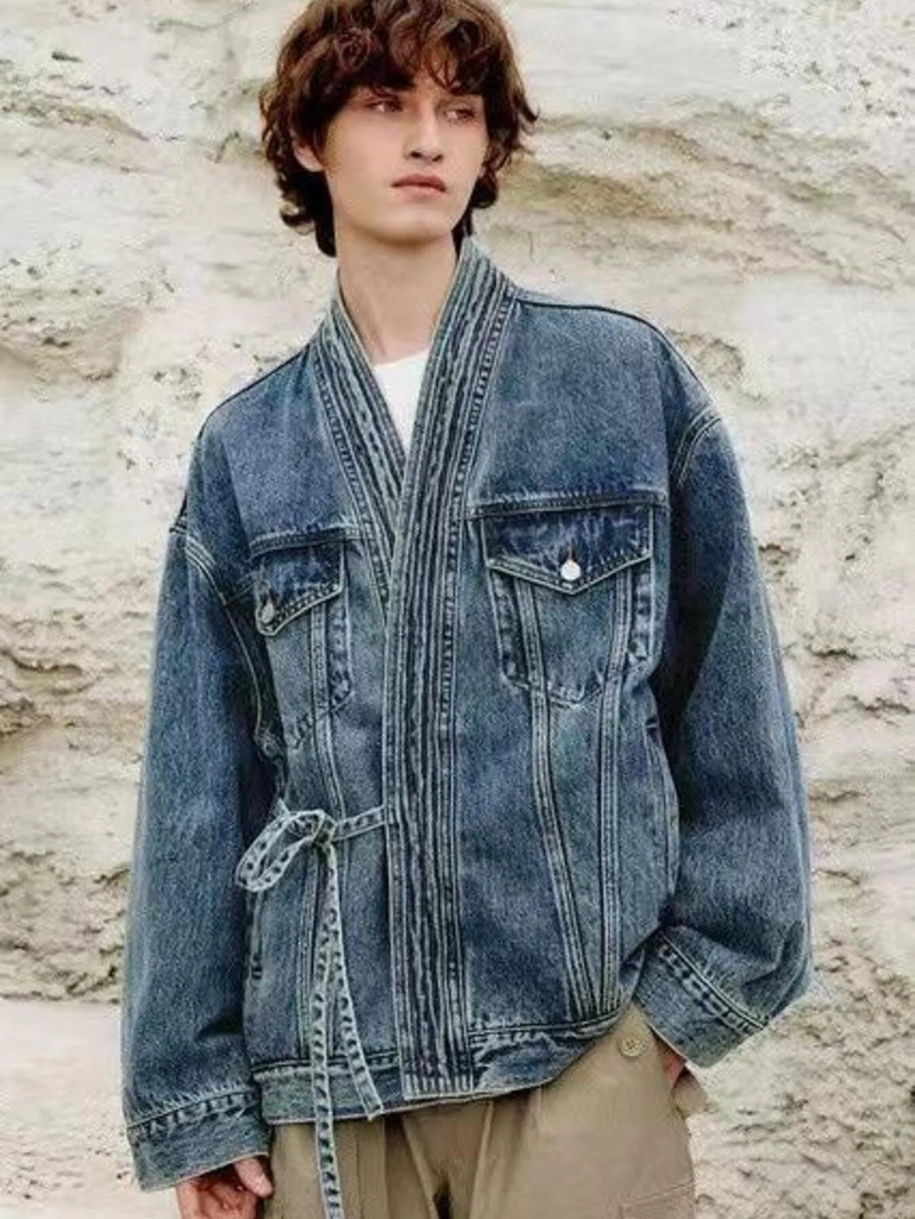Men's Plus Size Washed Tied Long Sleeve Denim Jacket