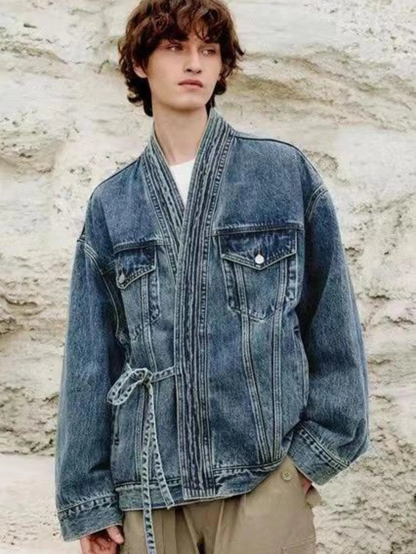 Men's Plus Size Washed Tied Long Sleeve Denim Jacket