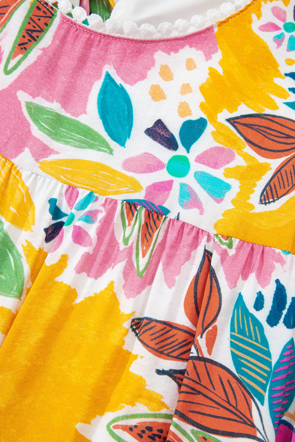 Premium Pink Floral Print Lace Trimmed Tie Back Bell Sleeve Dress