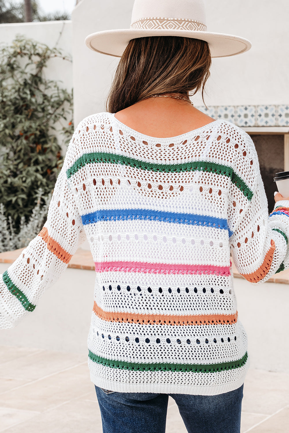 Premium White Color Block Striped Pointelle Knit Sweater