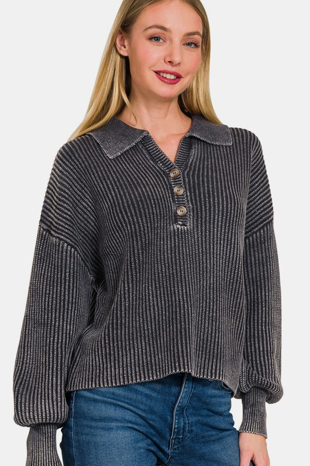 Zenana cozy half button sweater
