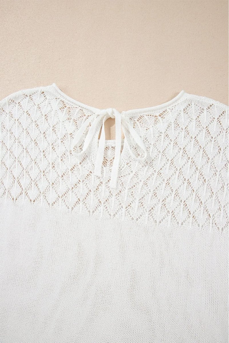 Elegant White Eyelet Knit Short Sleeve Sweater with Tied Back Detail