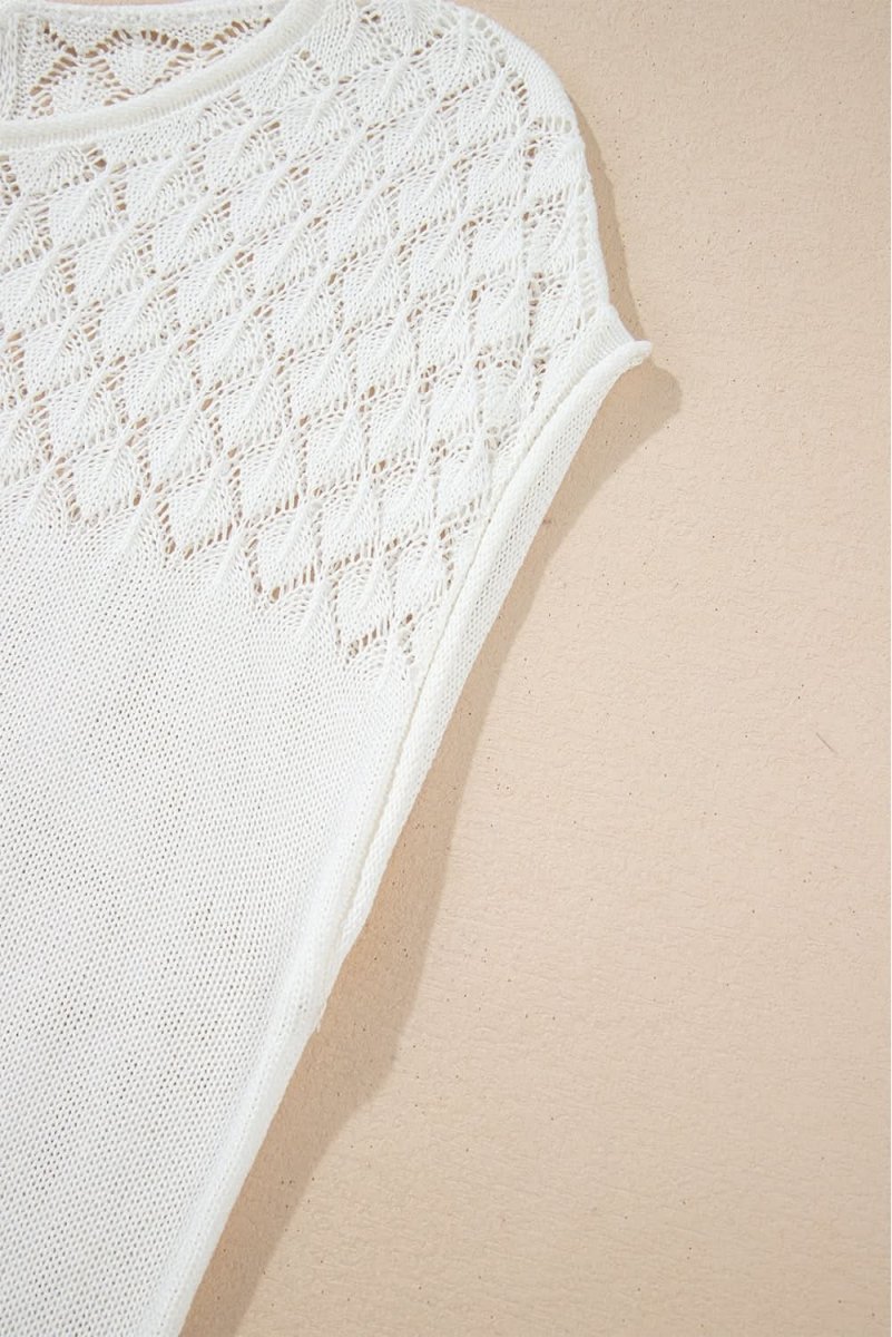 Elegant White Eyelet Knit Short Sleeve Sweater with Tied Back Detail