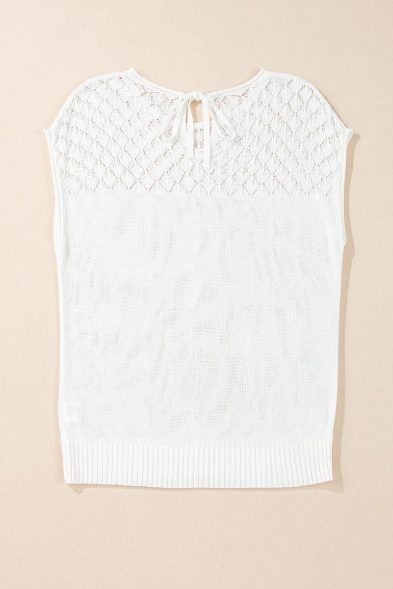 Elegant White Eyelet Knit Short Sleeve Sweater with Tied Back Detail