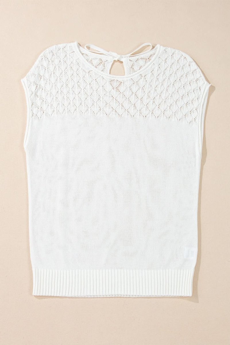 Elegant White Eyelet Knit Short Sleeve Sweater with Tied Back Detail