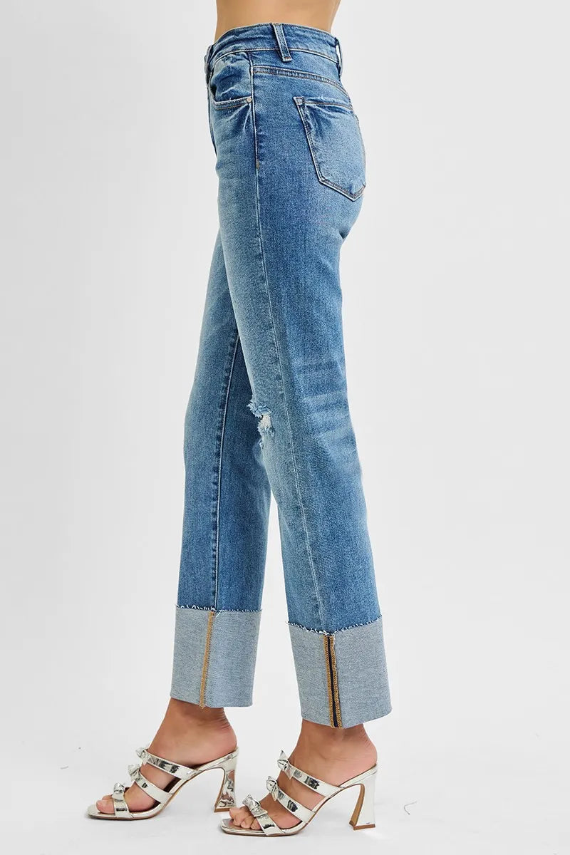 Risen High Rise Ankle Straight Wide Cuffed Jeans Plus Size