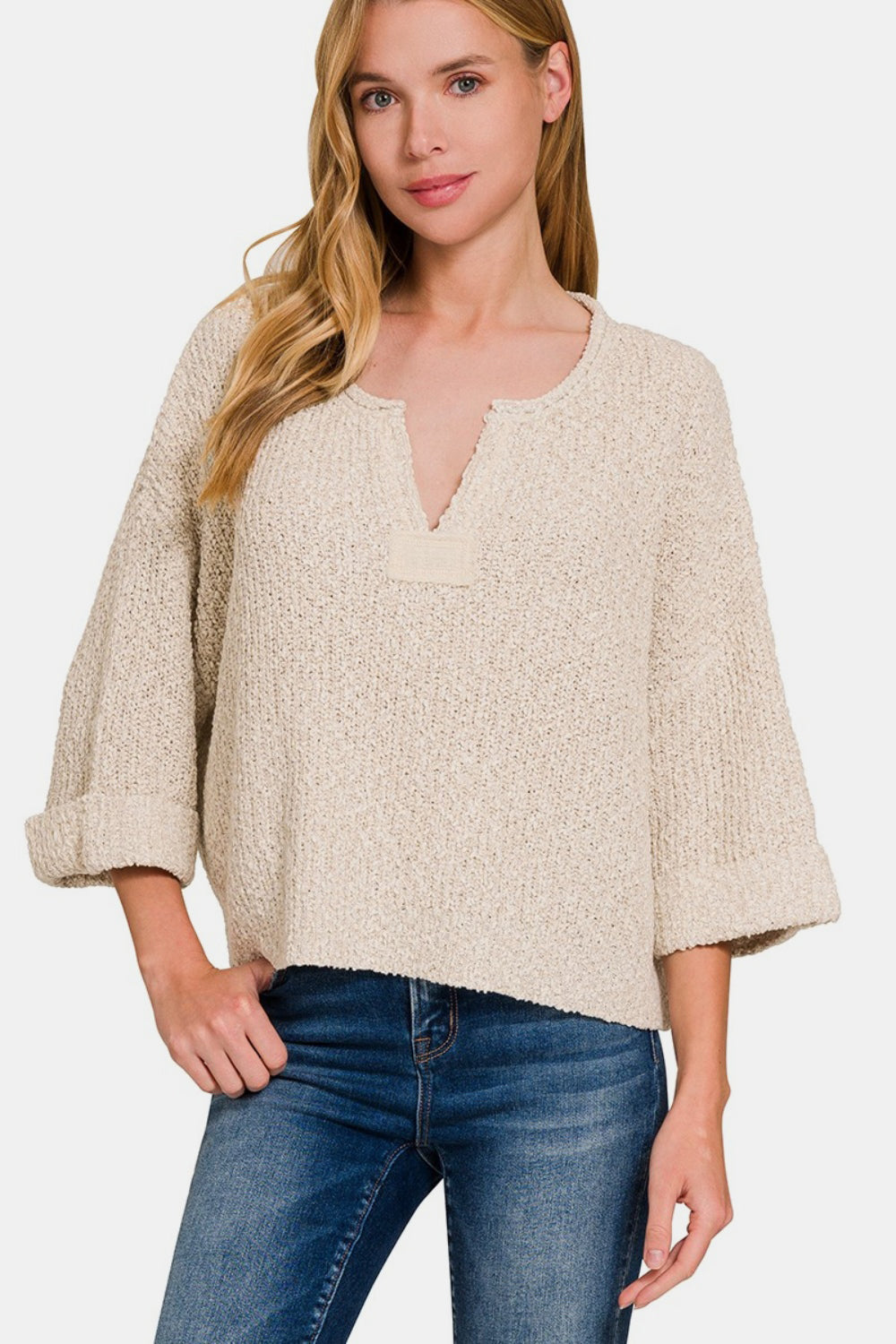 Zenana chic notched patch sweater
