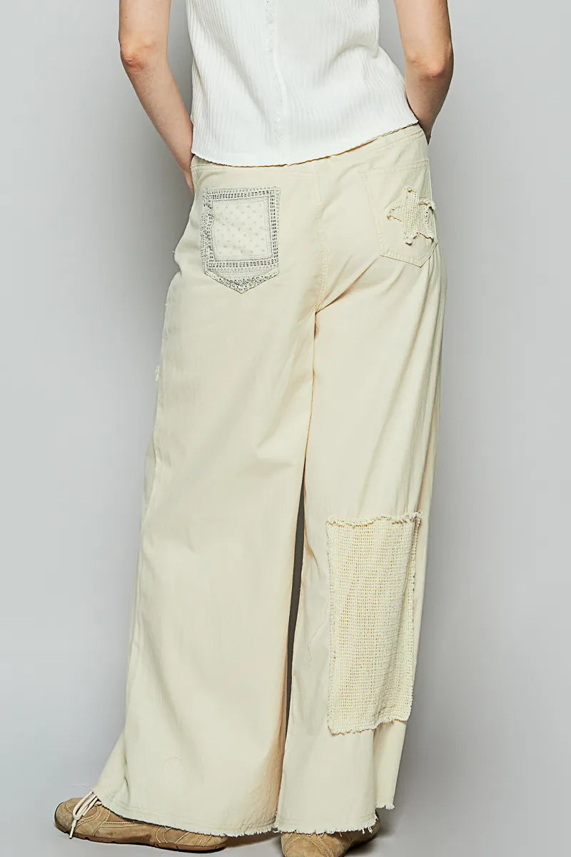 POL Raw Hem Star Patch Wide leg Pants