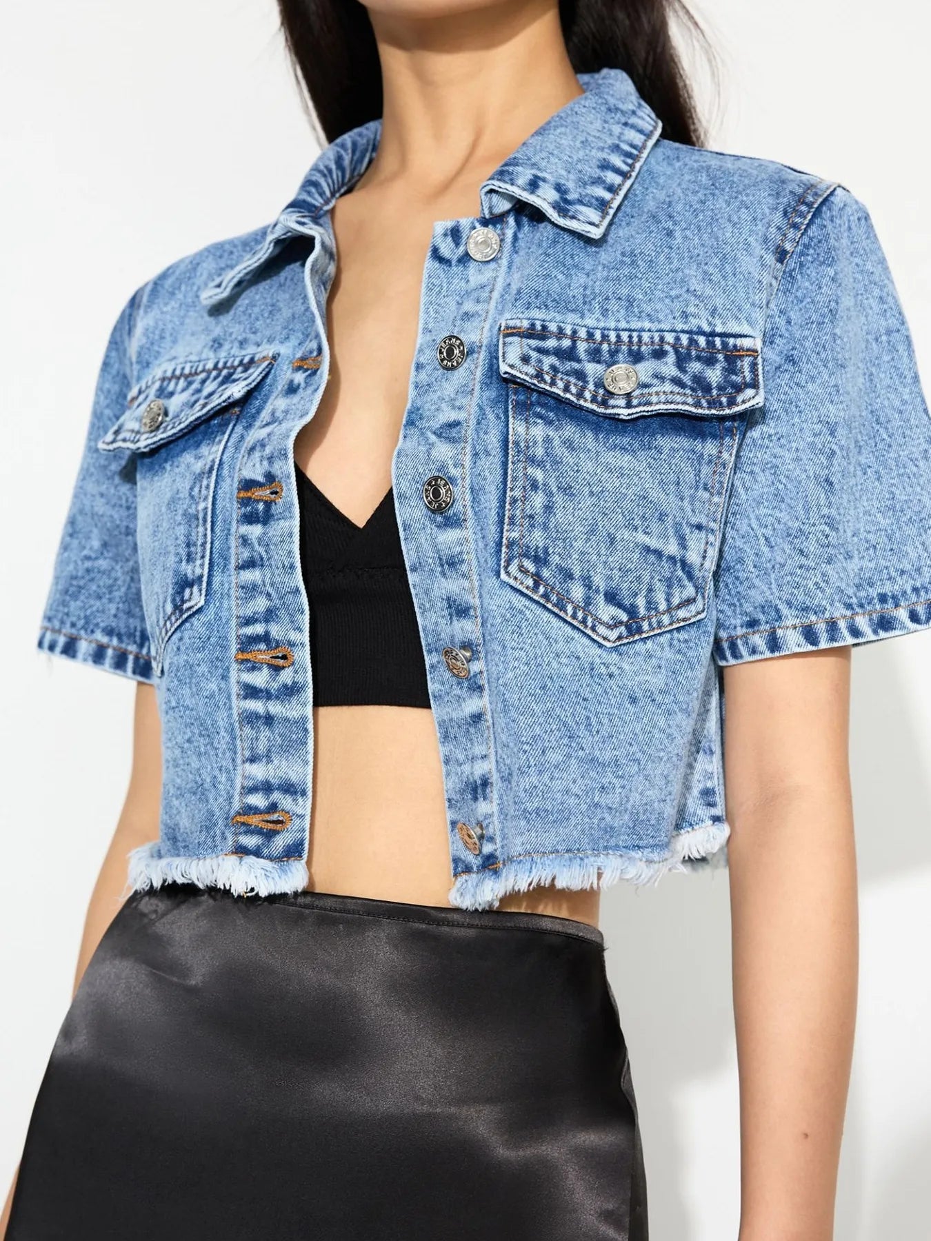 Cropped Short Sleeve Denim Jacket with Frayed Hem
