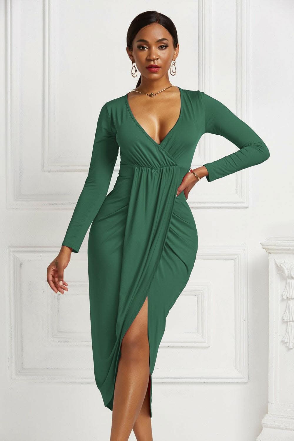 Elegant ruched surplice dress
