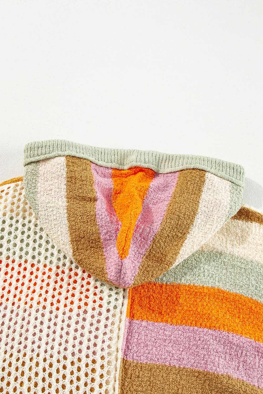 Beige Pointelle Knit Colorblock Patchwork V Neck Hooded Plus Sweater