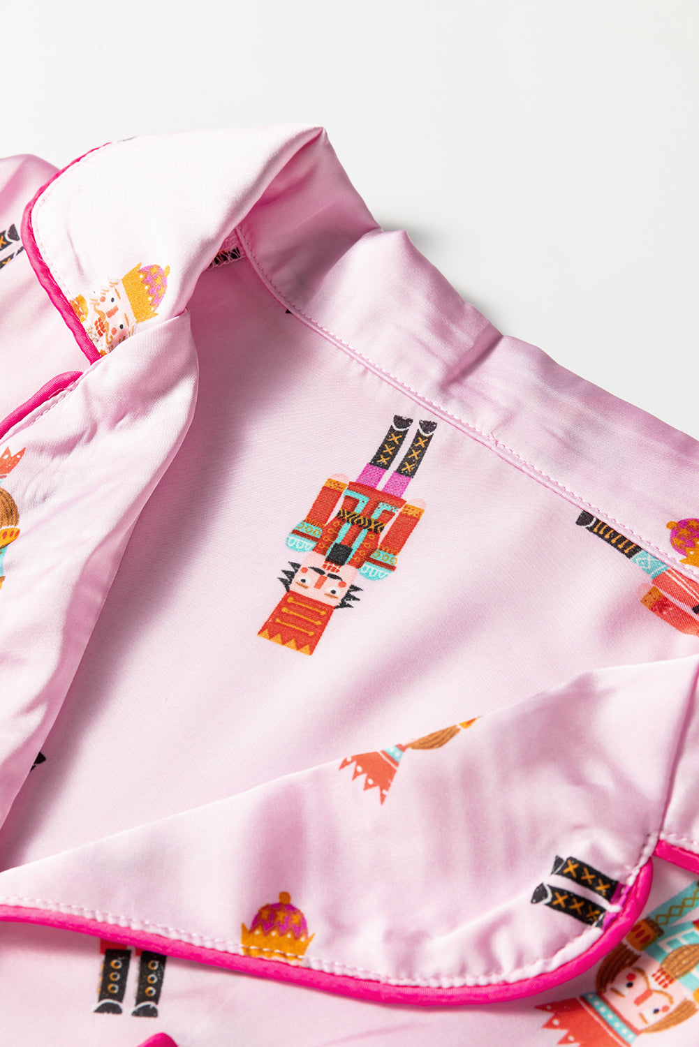 Pink Nutcracker Print Two Piece Pajama Set Contrast Trim Bow