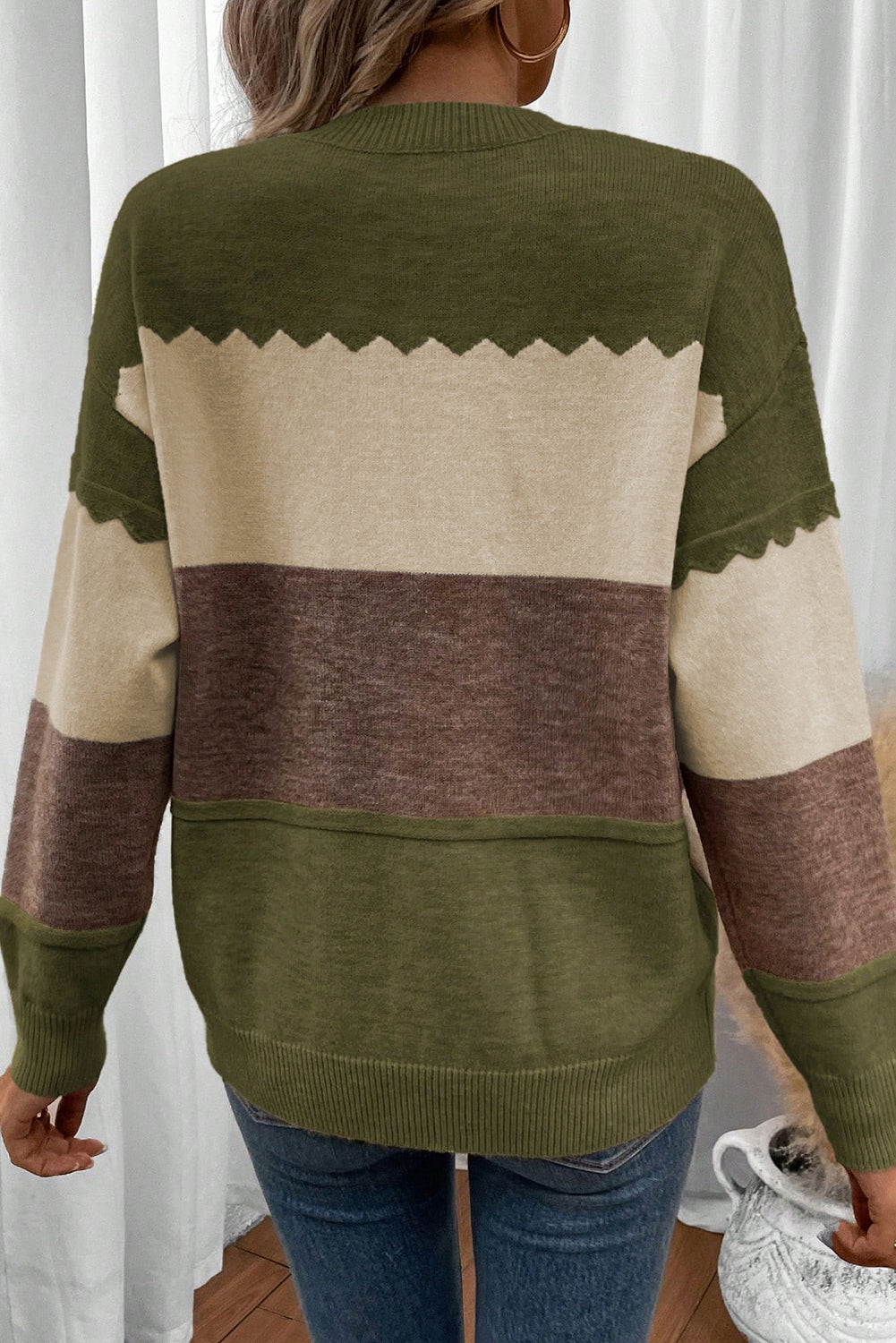 Brown Colorblock Crew Neck Drop Shoulder Knit Sweater