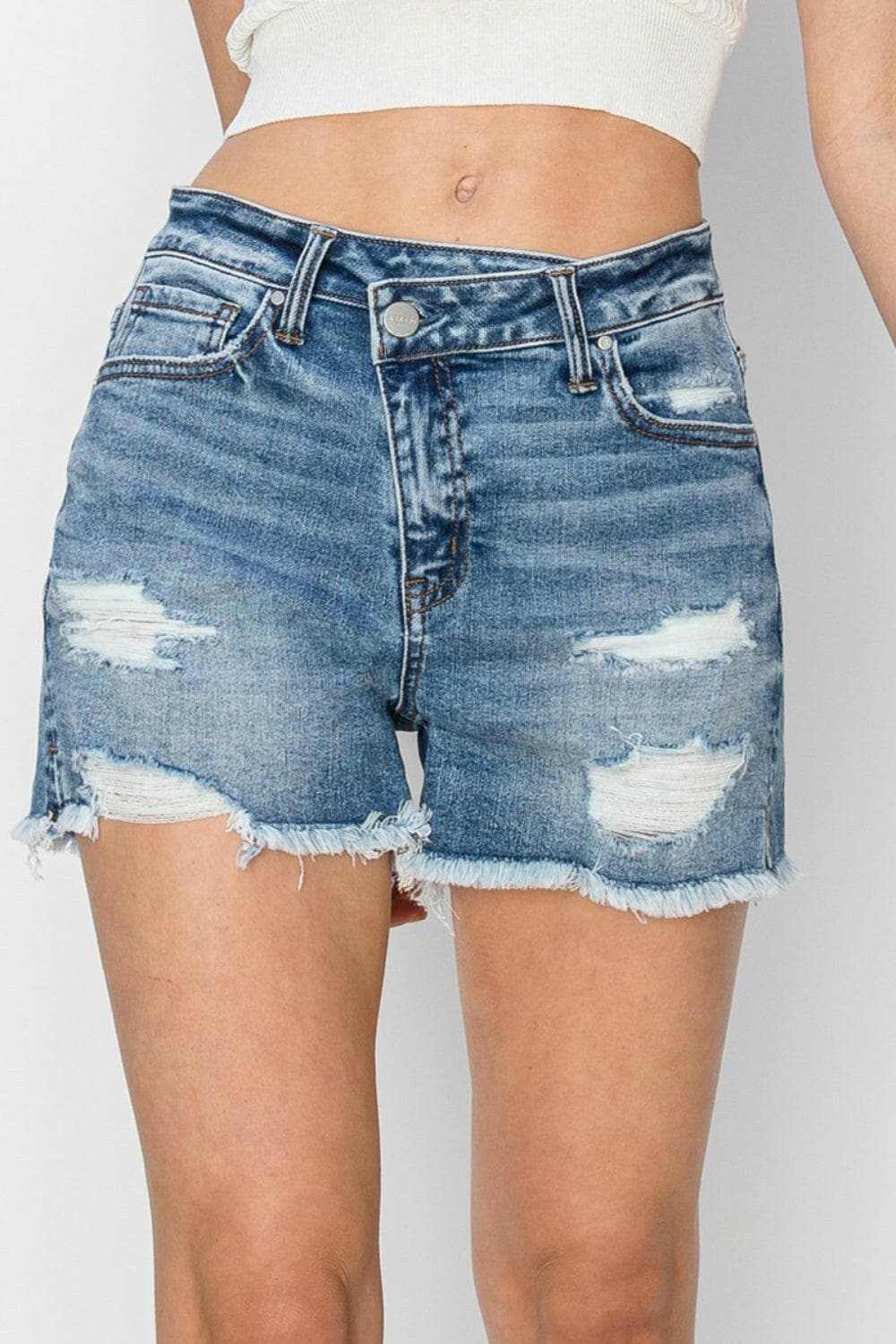 Premium Risen frayed denim shorts, stepped waist