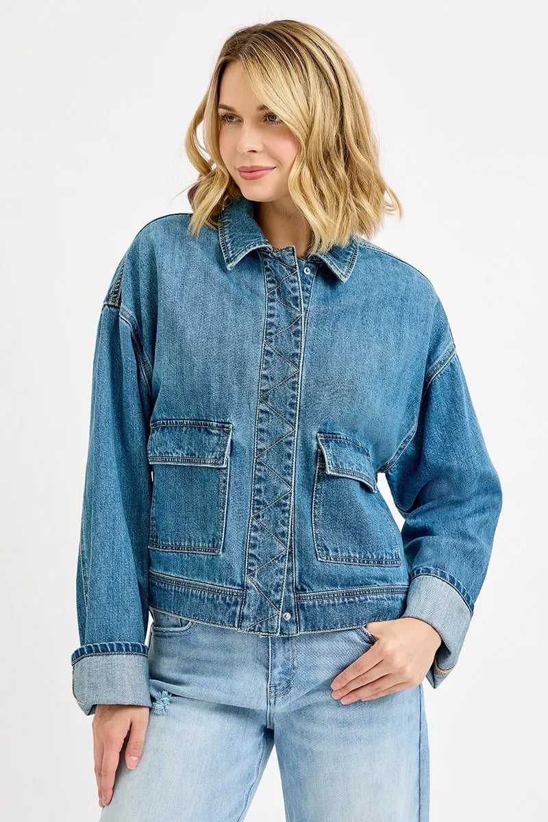 RISEN Oversized Cargo Pocket Denim Jacket Cuffed Sleeves