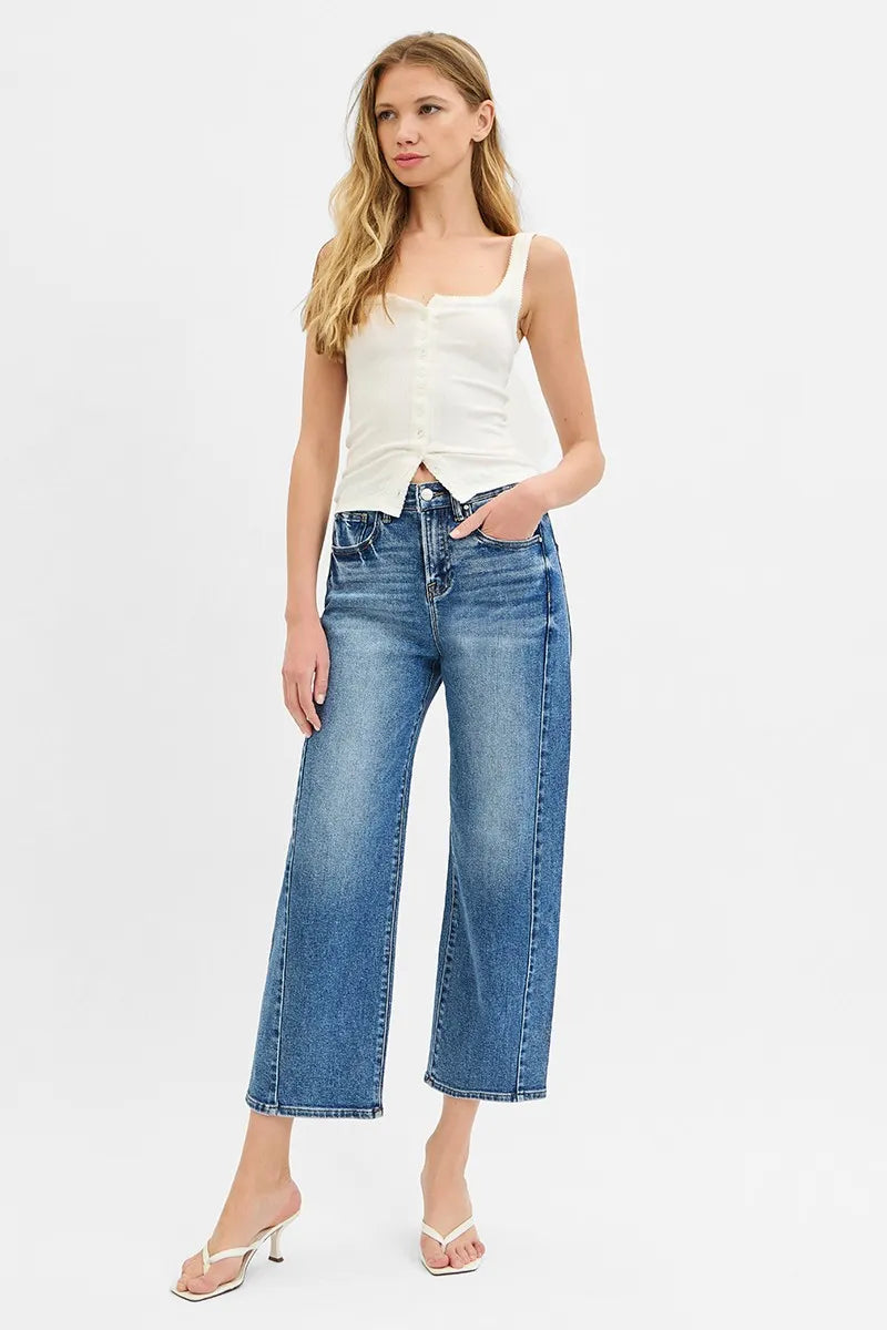 Risen High Rise Cropped Jeans Barrel Adjustable Waistband