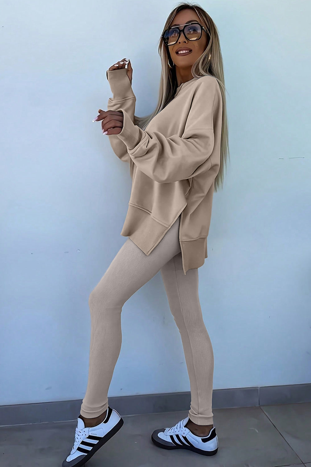 Jet Stream Oversize Slit Sweatshirt And Ribbed Leggings Set