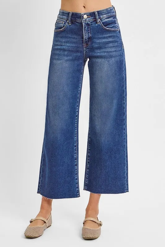 RISEN Raw Hem Wide Leg Cropped Jeans
