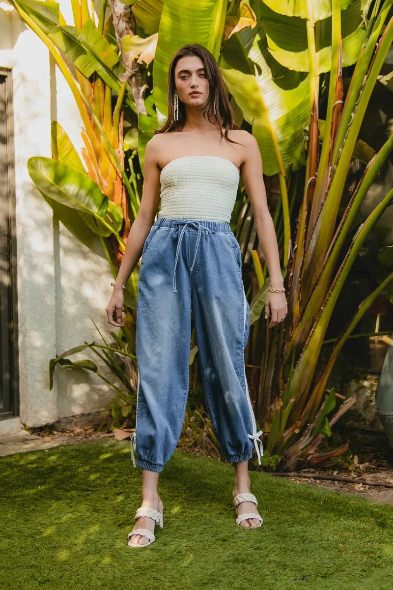 BiBi Striped Tape Details With Bot Tied Point Elastic Waist Jeans