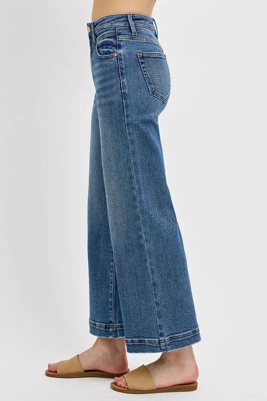 Risen Full Size High Rise Crop Wide Leg Front Yoke Detail Jeans Plus Size
