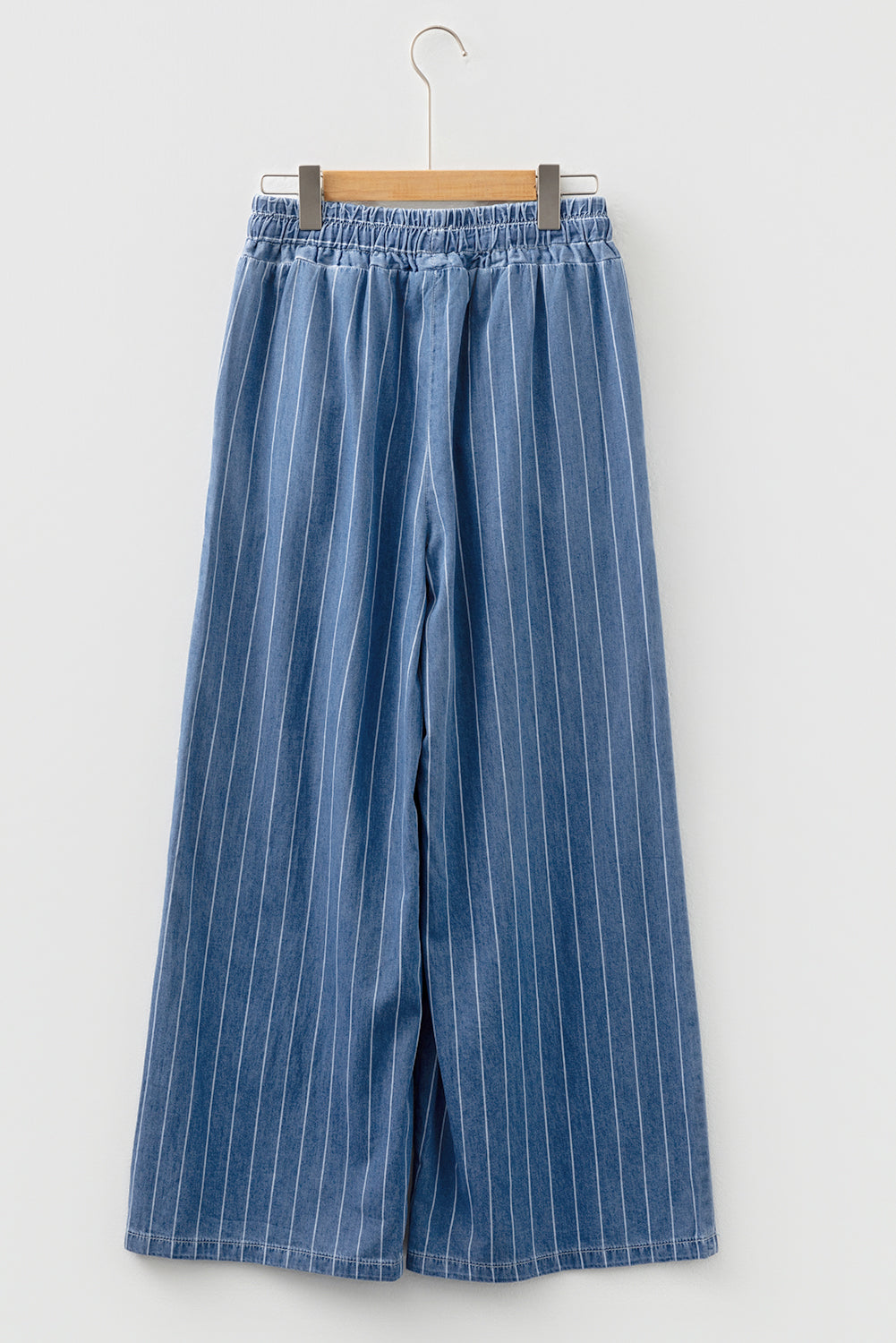 Premium Blue Stripe Chambray Wide Leg Tied Elastic Waist Trousers