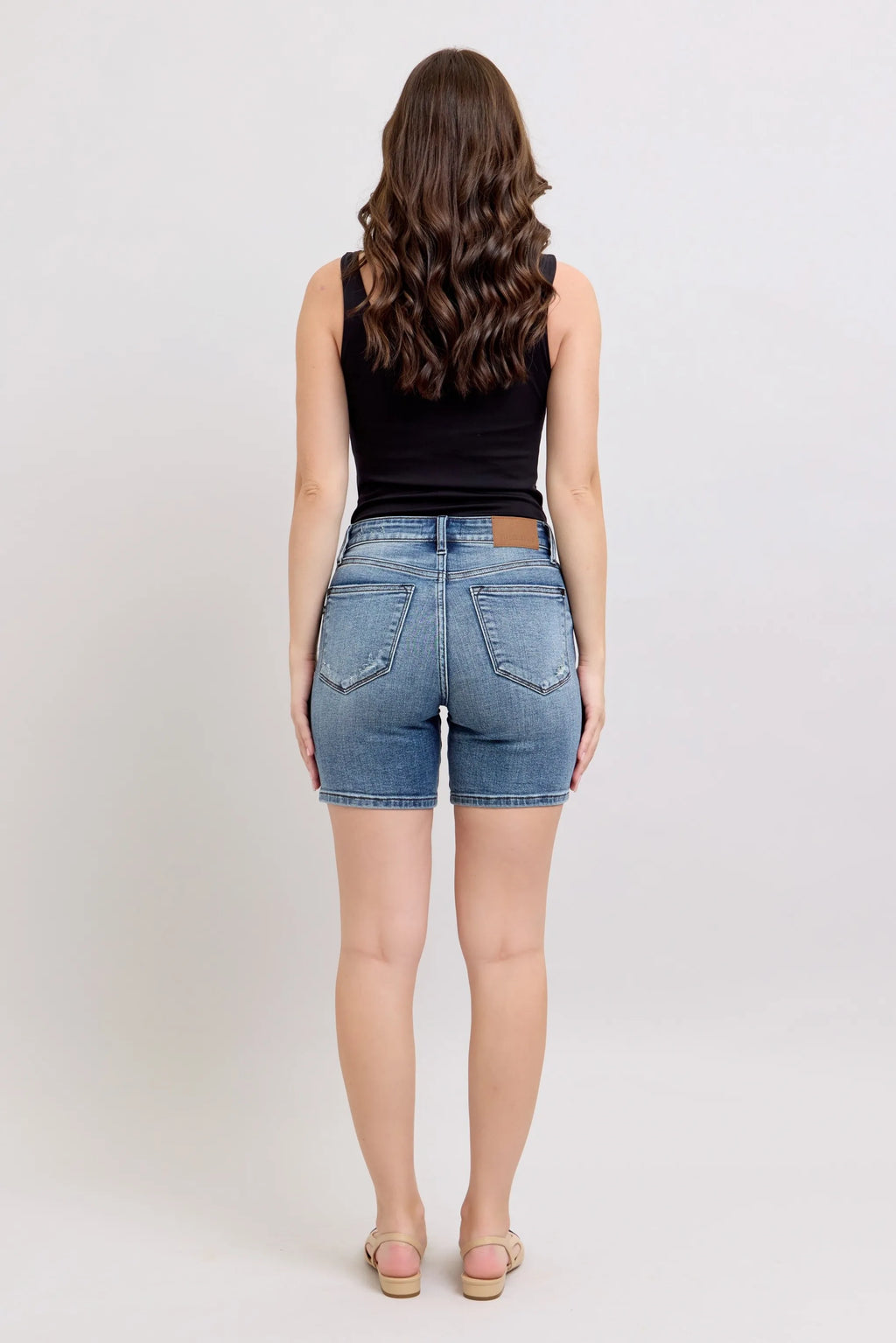 Judy Blue Button Fly Mid Length Distressed Denim Shorts