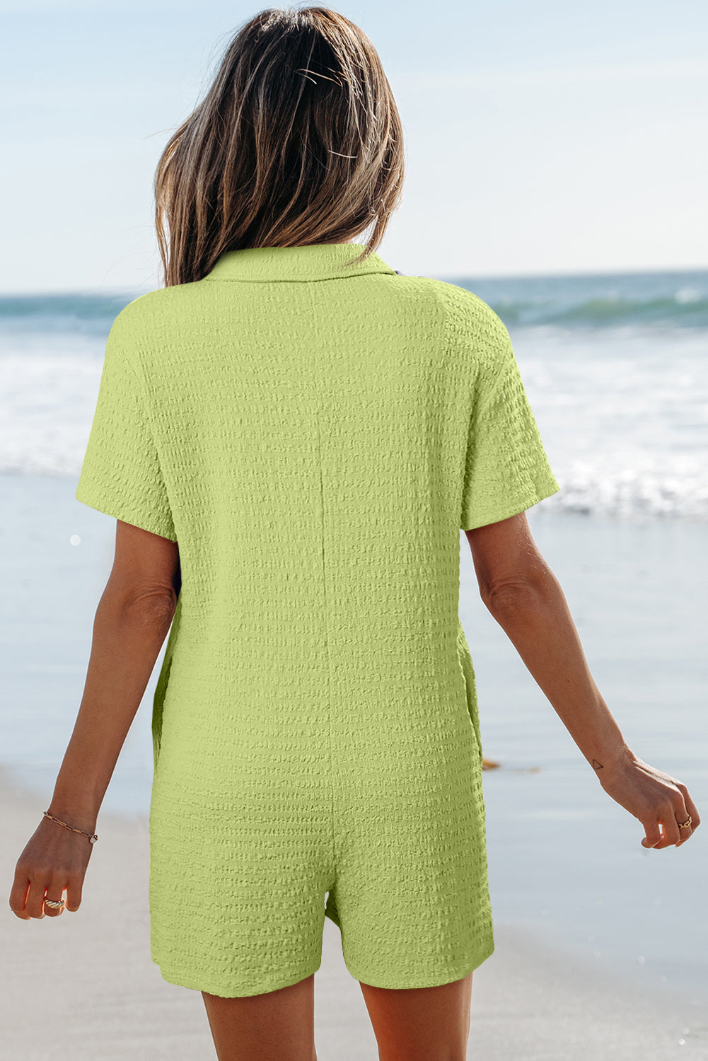 Meadow Mist Green Textured Short Sleeve Pocket Romper